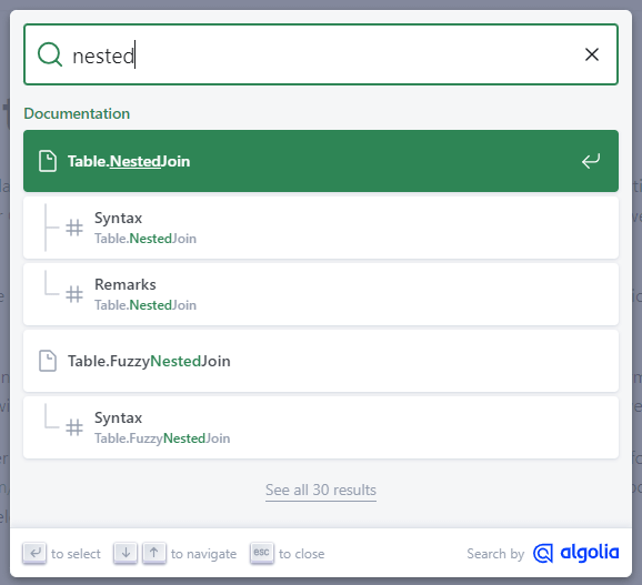Search functionality provided by Algolia